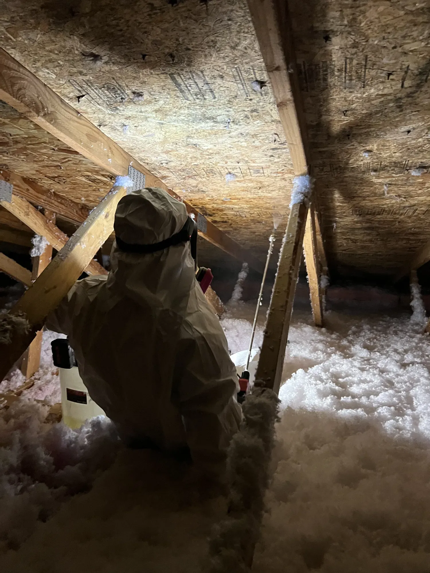 worker on ppe spraying molds on crawl space area